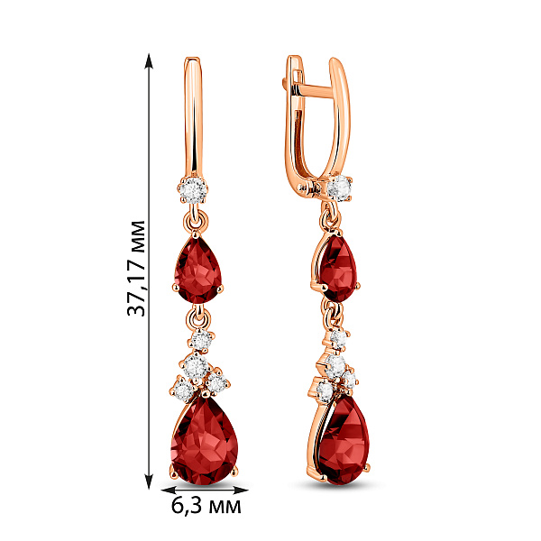 Золотые серьги подвески с гранатом и фианитами (арт. 111119Пкф) – изображение 2