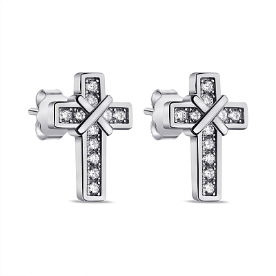 Сережки-пусети Хрестики зі срібла з фіанітами (арт. 7518/6728)