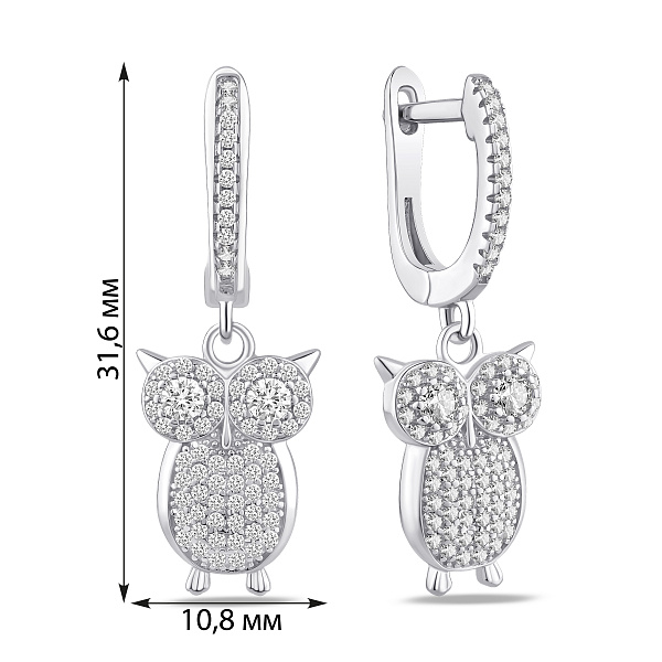 Серебряные серьги-подвески сова с фианитами (арт. 7502/10465) – изображение 2