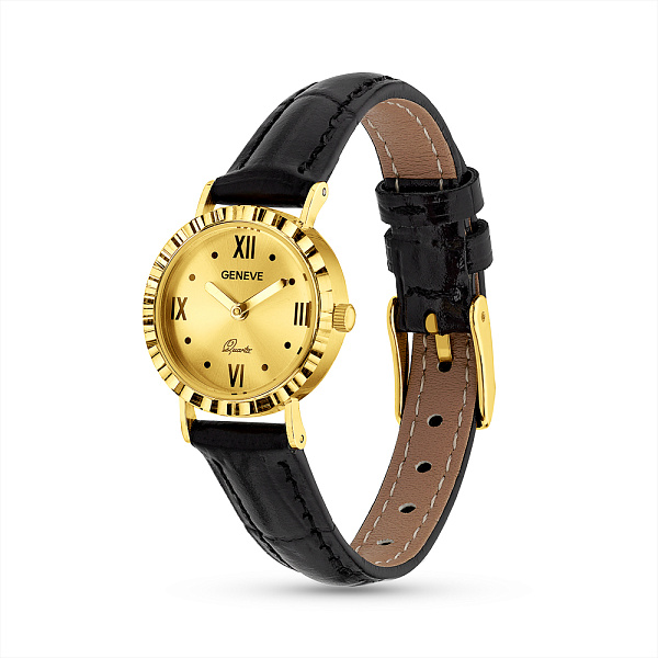 Золотые кварцевые часы с кожаным ремешком (арт. 260253жжч) – изображение 1