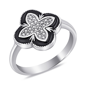 Серебряное кольцо Клевер с фианитами и эмалью (арт. 7501/6910/15еч)