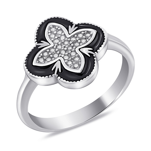 Серебряное кольцо Клевер с фианитами и эмалью (арт. 7501/6910/15еч) – изображение 1