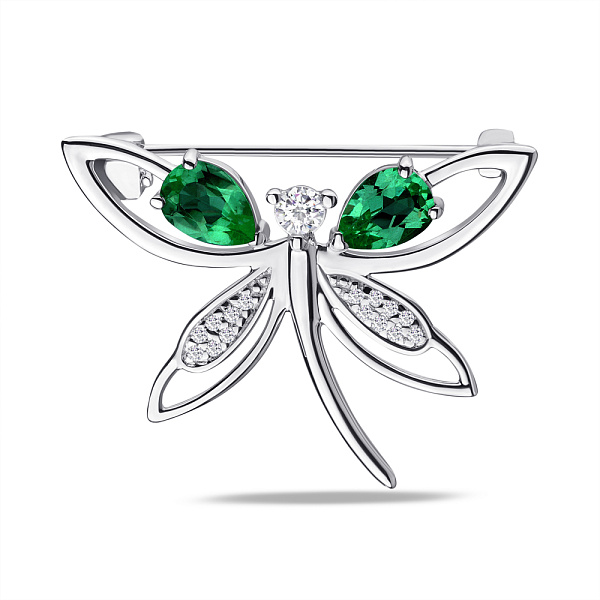 Серебряная брошь Стрекоза с изумрудами и фианитами (арт. 7505/581Измбп) – изображение 1