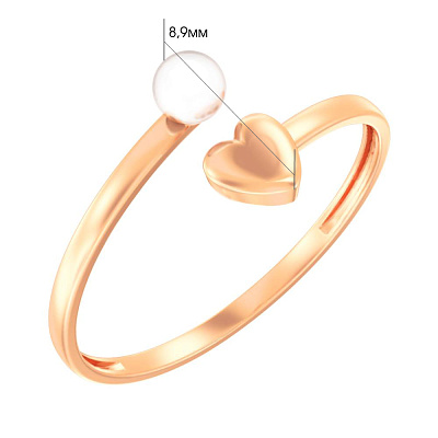Золотое незамкнутое кольцо с жемчужиной и сердцем  (арт. 140942)