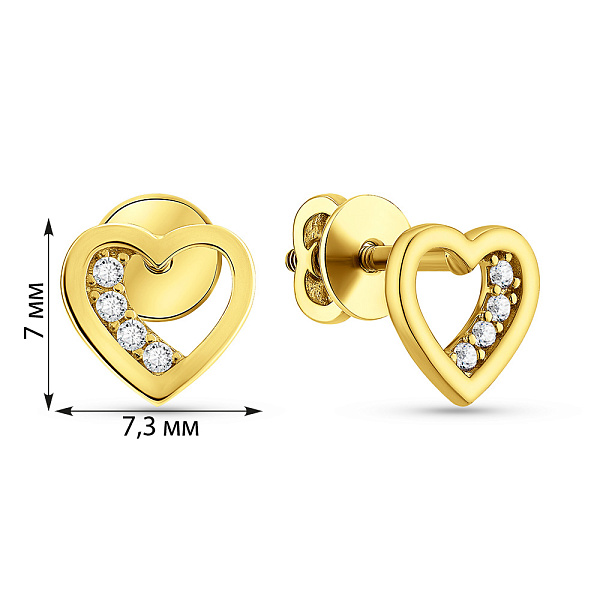 Серьги-пусеты Сердце из желтого золота с фианитами  (арт. 110698ж) – изображение 3