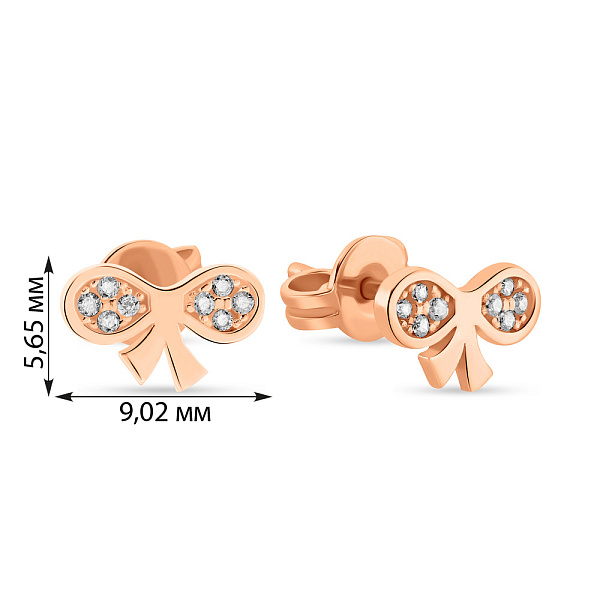 Сережки-пусети "Бантики" з червоного золота з фіанітами  (арт. 108815) – зображення 4