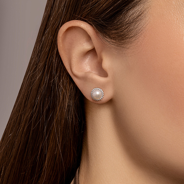 Пусети з білого золота з перлами і фіанітами (арт. 110194б) – зображення 2