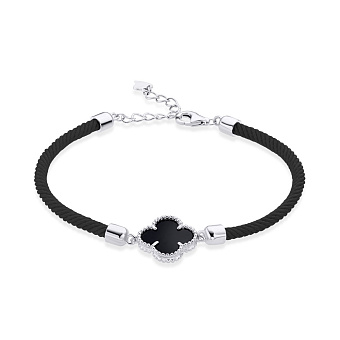 Браслет на черной нити с серебряной вставкой и ониксом (арт. 7309/3321/15оч)