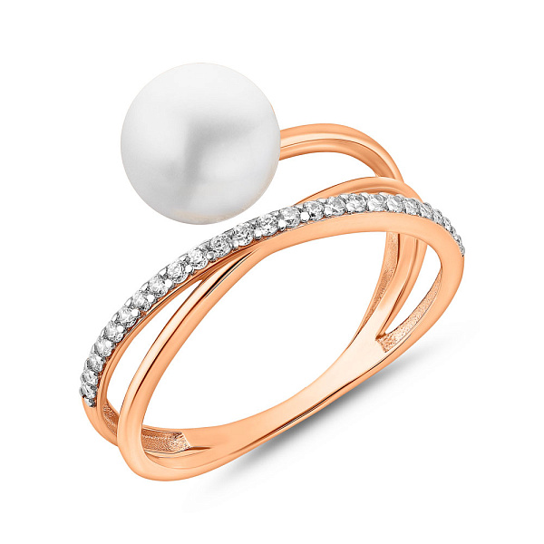 Золотое кольцо с жемчужиной и фианитами (арт. 1401068) – изображение 1