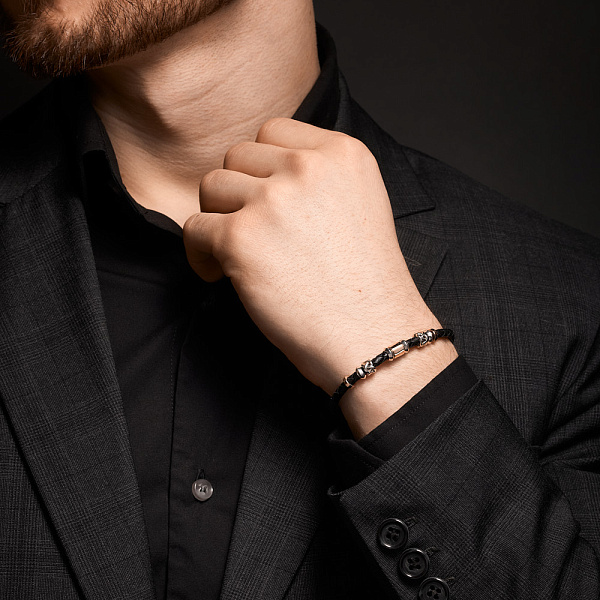 Кожаный браслет с серебряными вставками (арт. 7209/1125/2еч) – изображение 2