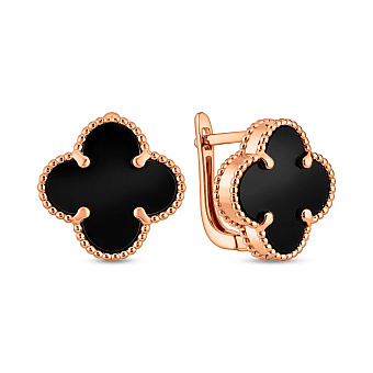Фото Золотые серьги Клевер с ониксом (арт. 1101201/12о)