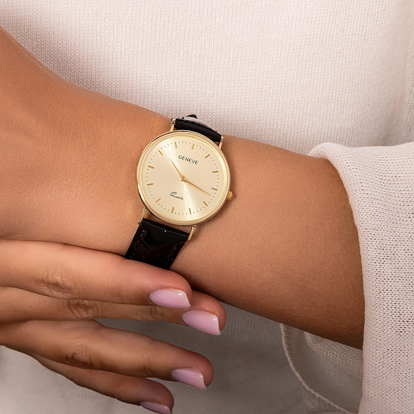 Золотые часы с кожаным ремешком (арт. 260294жжч) – изображение 2