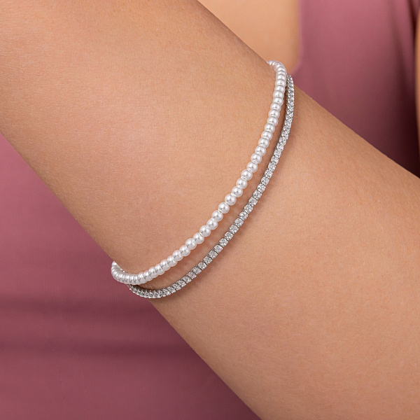 Срібний тенісний браслет з перлами (арт. 7509/5276жб) – зображення 2