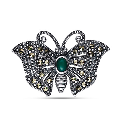 Срібна брошка «Метелик» з зеленим оніксом (арт. 7405/116мркоз)