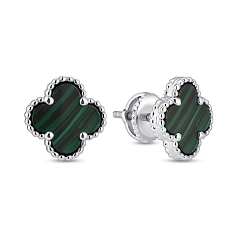 Серебряные пусеты Клевер с малахитом (арт. 7518/2183761/9млх)