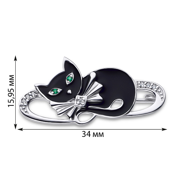 Срібна брошка «Кошеня» з емаллю та фіанітами (арт. 7505/7116реч) – зображення 2