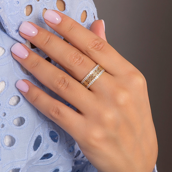 Кольцо с узором из желтого золота с фианитами (арт. 144000ж) – изображение 2