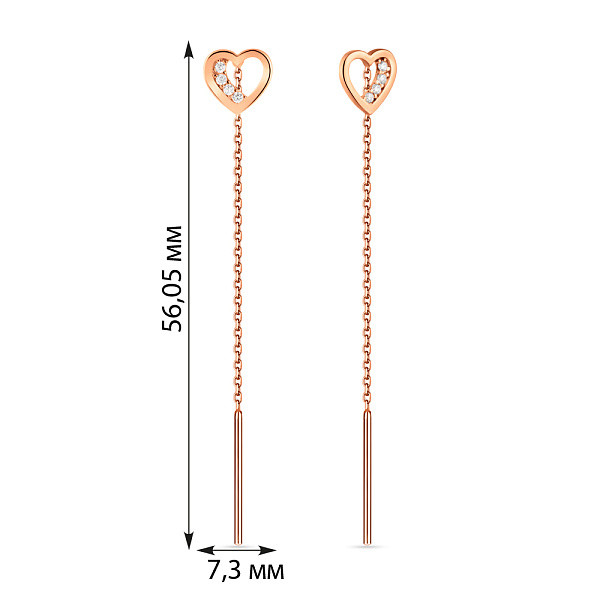 Серьги-протяжки Сердце из золота с фианитами (арт. 110697) – изображение 3