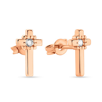 Сережки-пусети "Хрестики" з червоного золота з фіанітами (арт. 108931)