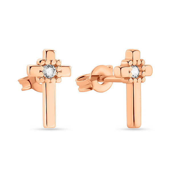 Серьги-пусеты "Крестики" из красного золота с фианитами (арт. 108931) – изображение 1