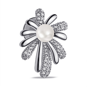 Серебряная брошь Цветок с жемчугом и фианитами (арт. 7505/227жб)
