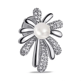Срібна брошка Квітка з перлиною і фіанітами (арт. 7505/227жб)