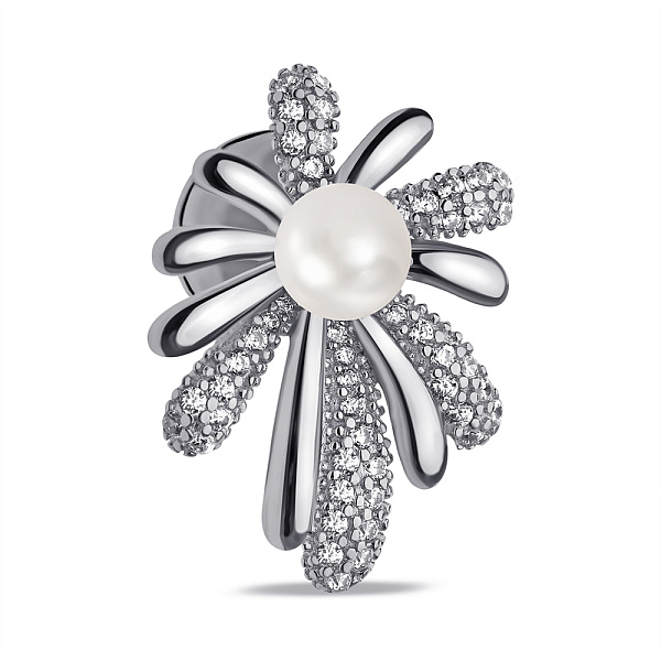 Срібна брошка Квітка з перлиною і фіанітами (арт. 7505/227жб) – зображення 1