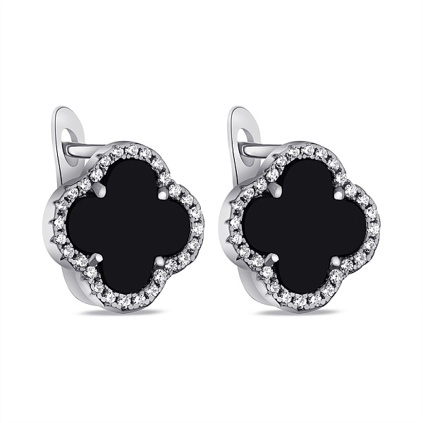 Срібні сережки Конюшина з оніксом та фіанітами (арт. 7502/СК2ОФ/1204) – зображення 1