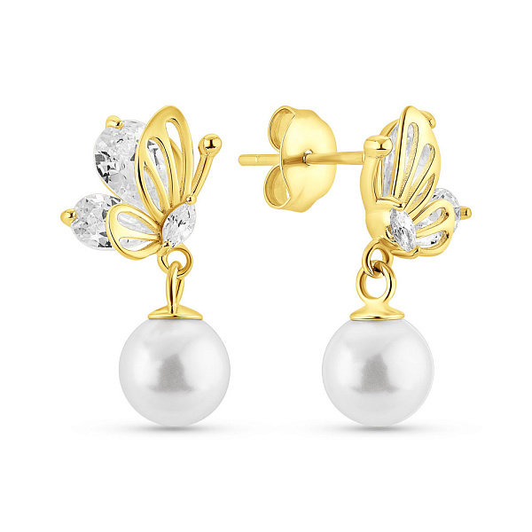 Серебряные серьги Бабочки с жемчугом и фианитами (арт. 7518/7137жжб) – изображение 1