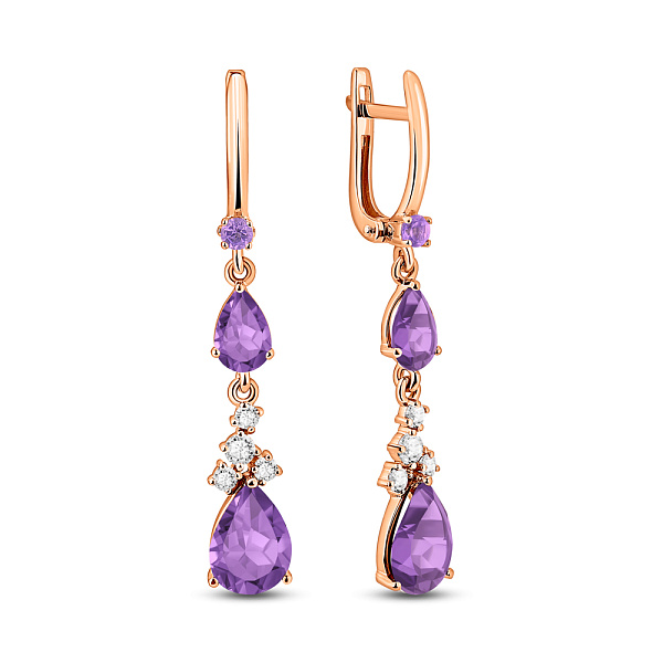 Сережки-подвески из красного золота с аметистом (арт. 111119Паф) – изображение 1