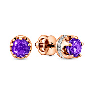 Фото Золоті сережки-пусети з аметистом і фіанітами (арт. 111090Па)