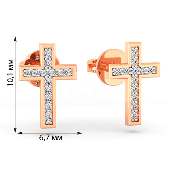 Серьги-пусеты "Крестики" из красного золота с фианитами  (арт. 110009) – изображение 2