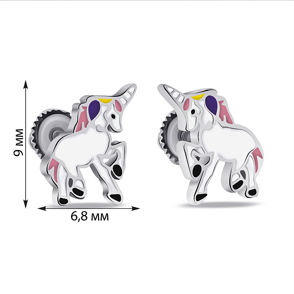Серебряные детские серьги Единорог с эмалью (арт. 7518/7095еб) – изображение 2