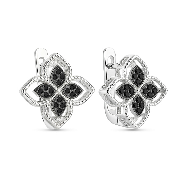 Серебряные серьги Цветок с черными фианитами (арт. 7502/10079/15ч) – изображение 1