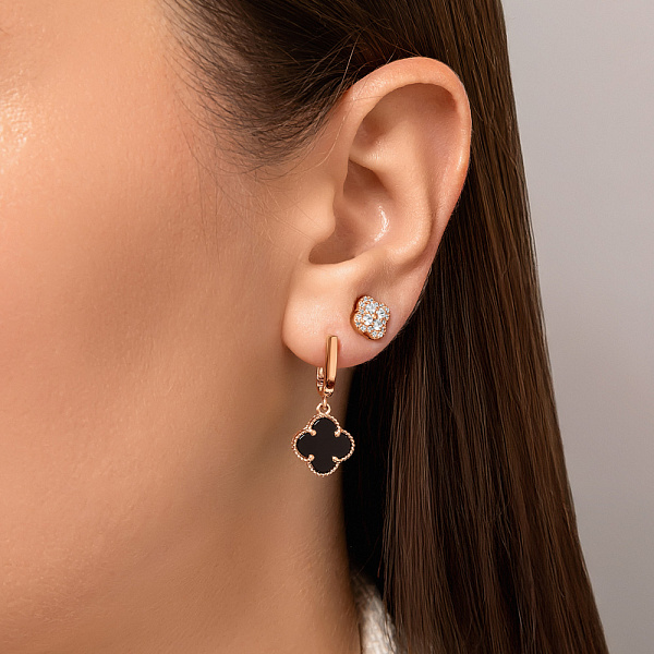 Золотые серьги Клевер с ониксом (арт. 105693/10о) – изображение 2