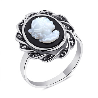 Фото Срібна каблучка з перламутром і оніксом (арт. 7401/6349мркоп)