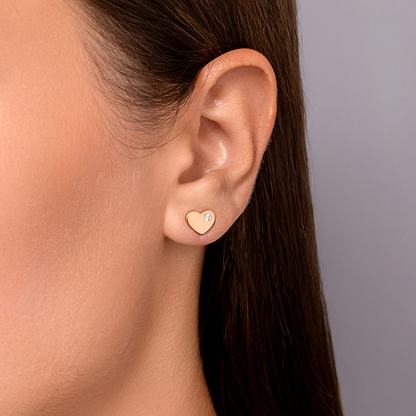 Золотые серьги пусеты «Сердечки» с фианитом (арт. 110550) – изображение 2