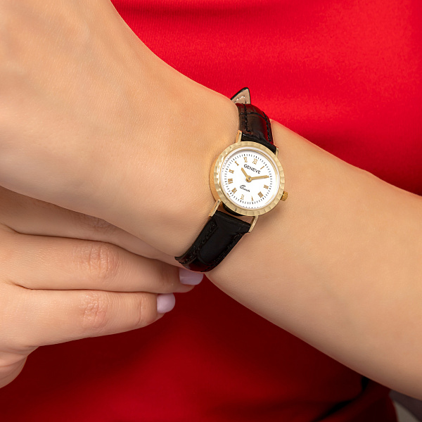 Наручний золотий годинник зі шкіряним ремінцем (арт. 260234жбч) – зображення 3