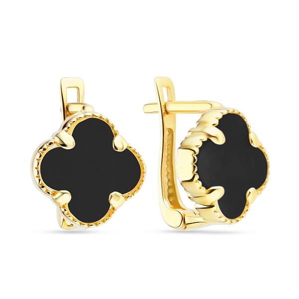 Золотые серьги "Клевер" с черным ониксом (арт. 106087жо) – изображение 1
