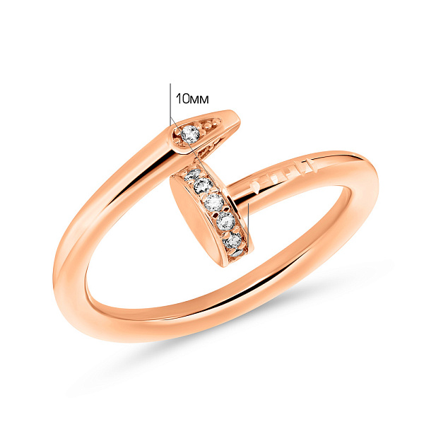 Каблучка в формі цвяха з червоного золота з фіанітами (арт. 155543) – зображення 2