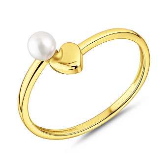 Фото Золотое незамкнутое кольцо с жемчужиной и сердцем (арт. 140942ж)