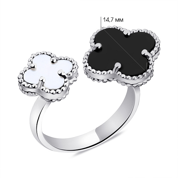 Серебряное безразмерное кольцо Клевер с ониксом и перламутром (арт. 7501/6521оп) – изображение 4