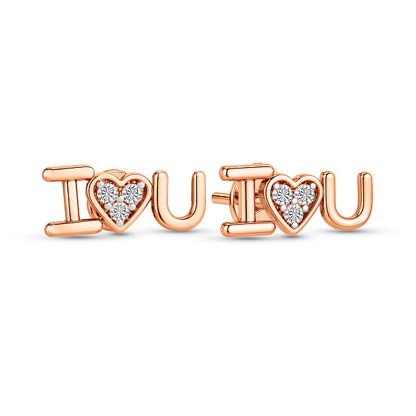 Сережки-пусети з червоного золота I Love You c фіанітами (арт. 111083) – зображення 1