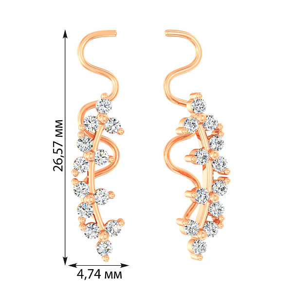 Сережки-клаймберы из красного золота с фианитами (арт. 110669) – изображение 2