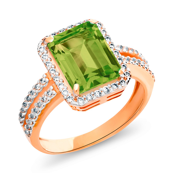 Золотое кольцо с хризолитом и фианитами (арт. 140457ПпГ) – изображение 1