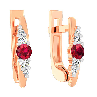 Фото Золоті сережки з рубіном та діамантами (арт. С011064р)
