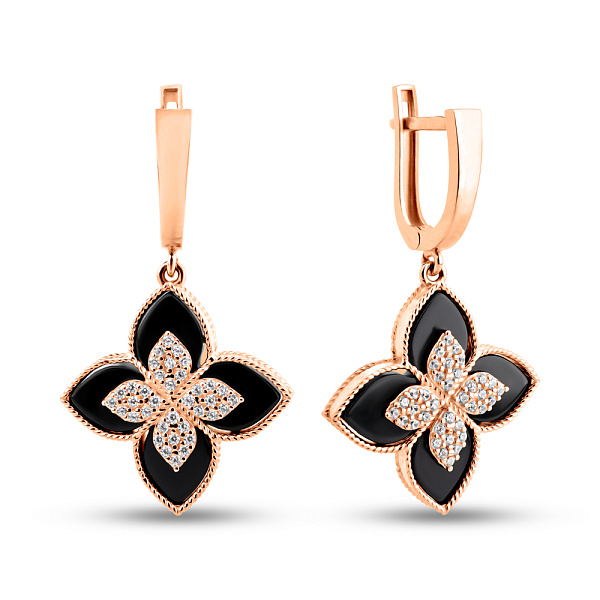 Золоті сережки-підвіски з оніксом і фіанітами (арт. 1091385/20о) – зображення 1