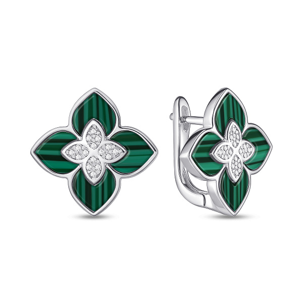 Срібні сережки Квітка з малахітом (арт. 7502/2182832/15млх) – зображення 1