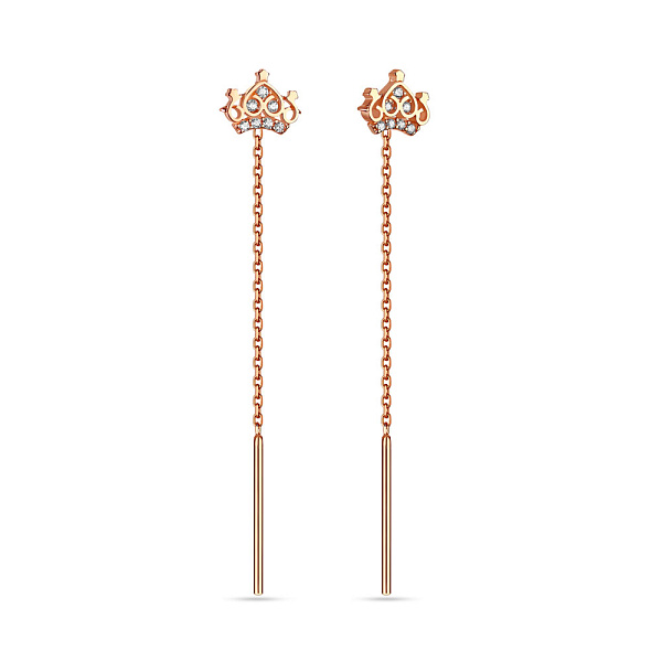 Сережки-ланцюжки Корона з червоного золота з фіанітами (арт. 107667) – зображення 1