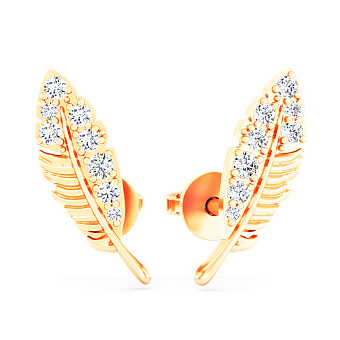 Фото Золотые пусеты Перо с фианитами (арт. 1101042)